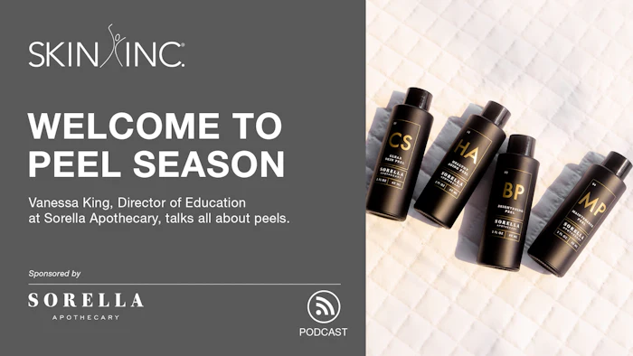 Skinkinc and Sorella Apothecary peel season podcast featuring four black skincare bottles with gold accents and educational content by Vanessa King