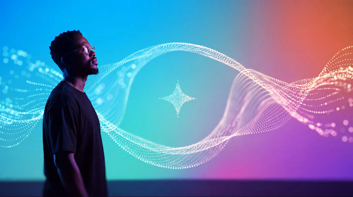 Man gazing at glowing blue and purple digital waves with a four-pointed star design on a gradient background