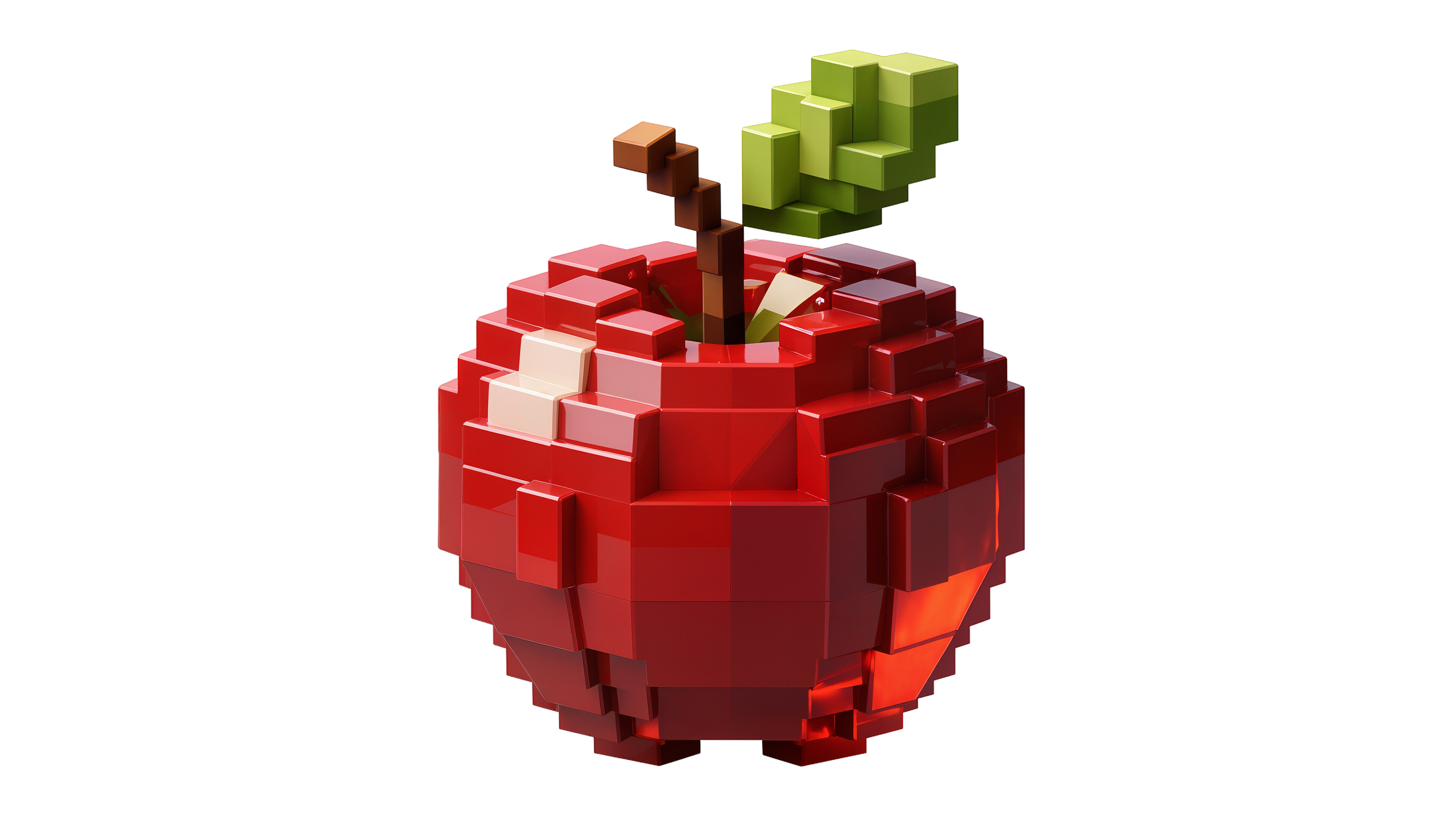Red pixelated apple with green leaf and brown stem in 3D voxel style