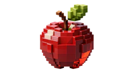 Red pixelated apple with green leaf and brown stem in 3D voxel style