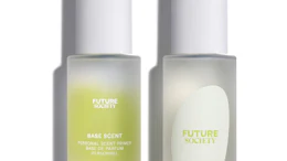 Two frosted glass bottles of Future Society Base Scent personal scent primer with white caps displayed against a white background