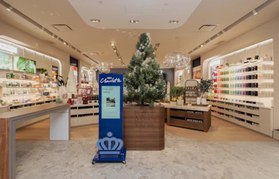 Modern beauty retail store interior with illuminated product shelves, central branded kiosk, and decorative evergreen tree