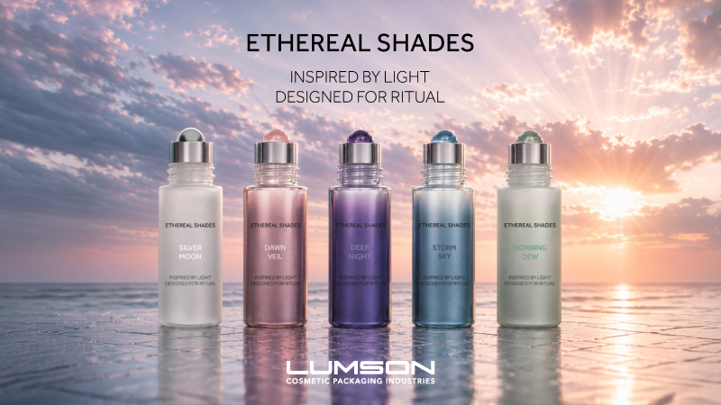 Five Ethereal Shades cosmetic bottles in gradient colors displayed on a beach at sunset with golden light and clouds
