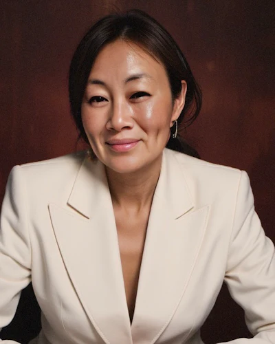 Professional headshot of an Asian woman in cream blazer against brown background