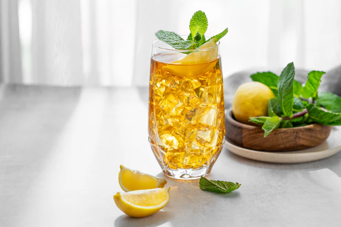 Golden iced tea in a tall glass garnished with fresh mint, served with lemon slices and mint leaves in a wooden bowl