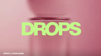 Drops brand advertisement featuring neon green text with blurred product imagery and tagline 'Your future favorites. First here.'