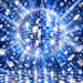 Glowing blue and silver disco ball with radiating light and sparkles on blue background